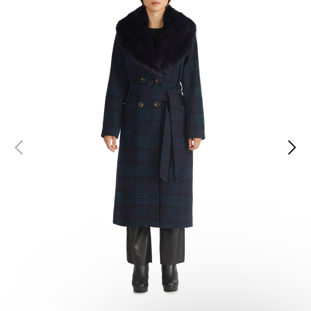 Badgley Mischka Navy and Green Plaid Coat with Removable Faux Fur Collar